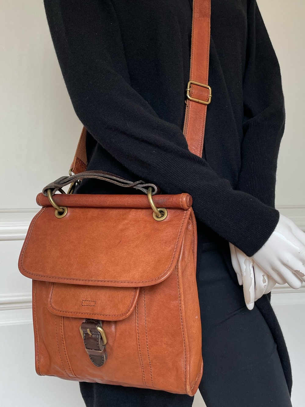 Fossil Long Live Vintage 1954 Cognac Leather Crossbody Satchel Bag